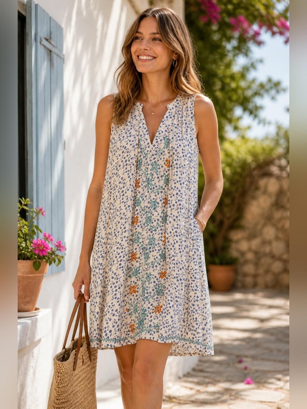 THML Cream Mini Dress with Blue, Green & Orange Floral Pattern